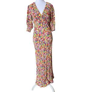 RIXO Floral Midi Dress Size 4 Multicolor V Neck Puff Sleeve Bias Cut